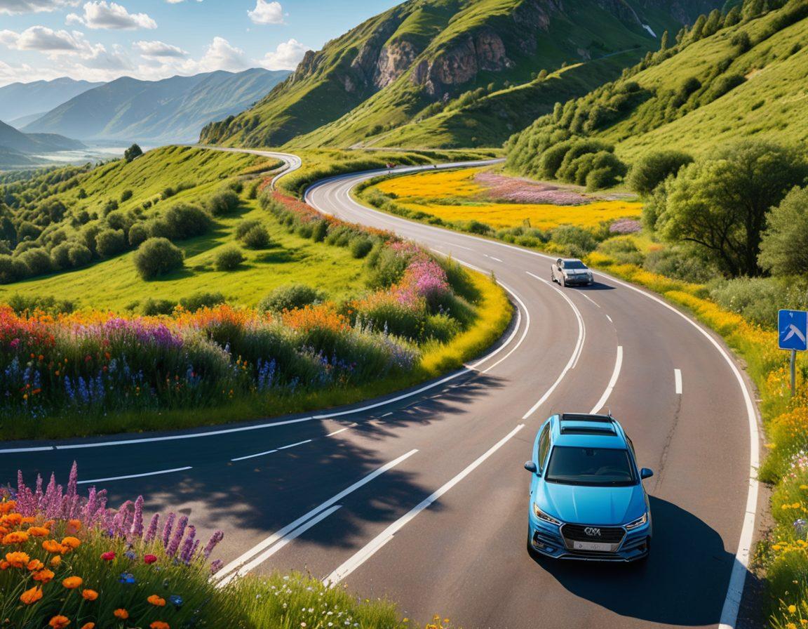 An open road winding through a picturesque landscape, showcasing various vehicles like cars and motorcycles along the way. Include signposts signaling 'Savings Ahead' and 'Insurance Plans' with a sunny sky to convey optimism. In the foreground, a person with a map looking determined and excited about their journey. Elements of road safety and insurance symbols subtly integrated into the scenery. vibrant colors. super-realistic.