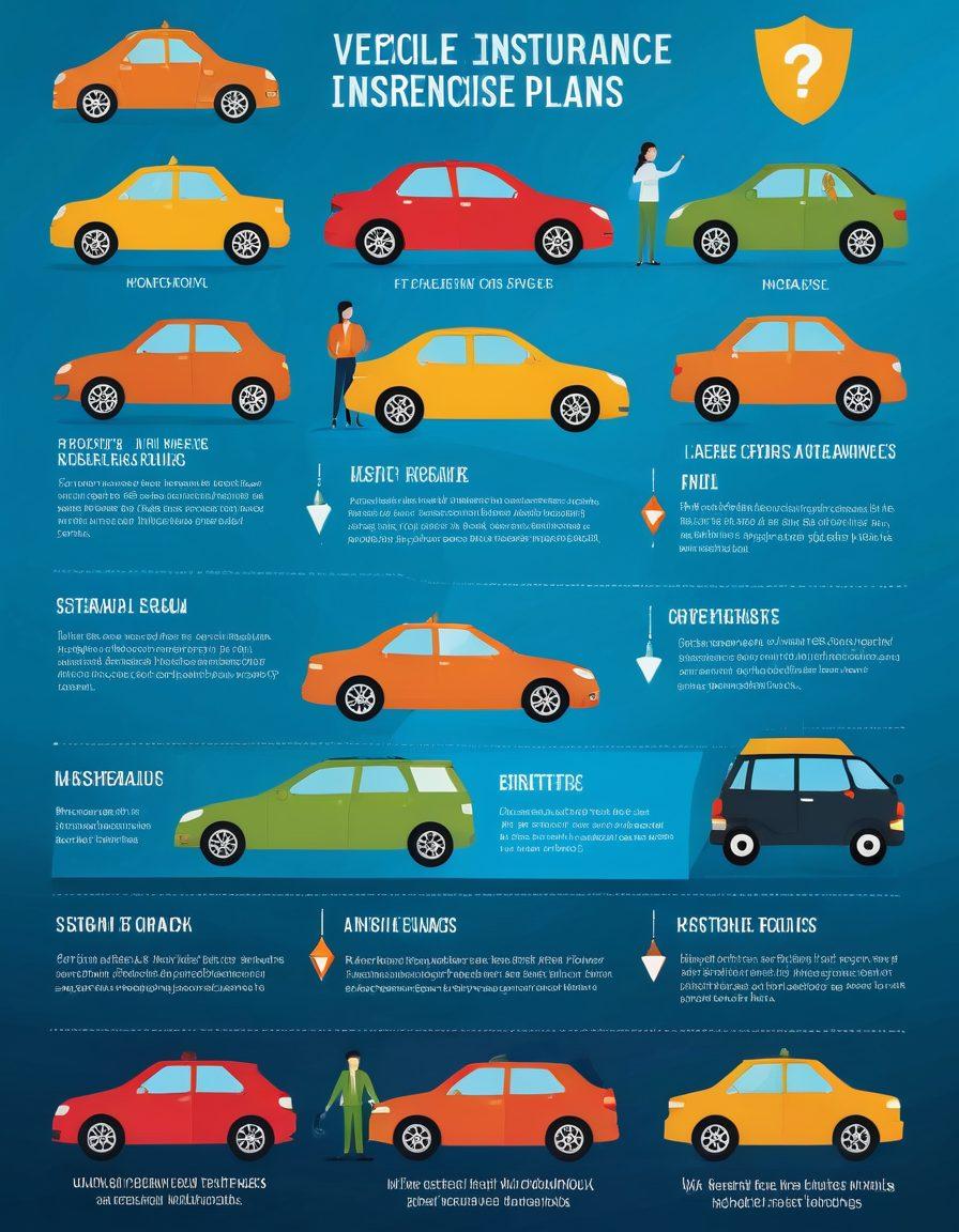 A visually appealing infographic showcasing various insurance plans for vehicles, featuring icons of cars, policy documents, and checklists. Include a diverse group of individuals engaged in discussion, looking thoughtfully at the insurance options. Use bright colors to highlight the differences in coverage and benefits. The background should be minimalistic to draw attention to the elements. vibrant colors. vector art.
